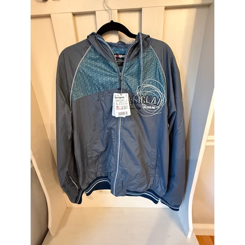 Desigual Mens Eustaquio Rep Hooded Windbreaker Jacket Blue Teal 19SMEWX2 New
